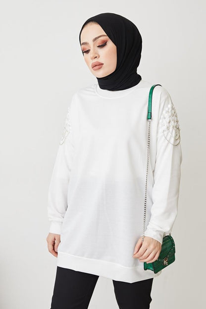 7026 Omuzu Taşlı Sweat Ekru