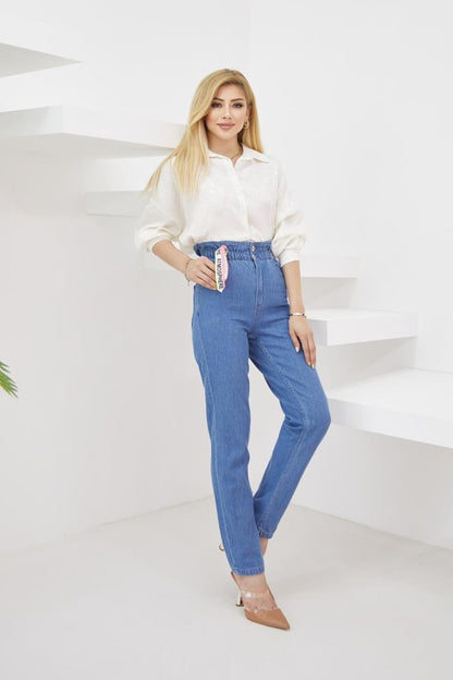 Beli Lastikli Mom Jeans S292 Koyu Mavi