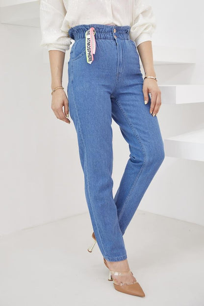 Beli Lastikli Mom Jeans S292 Koyu Mavi