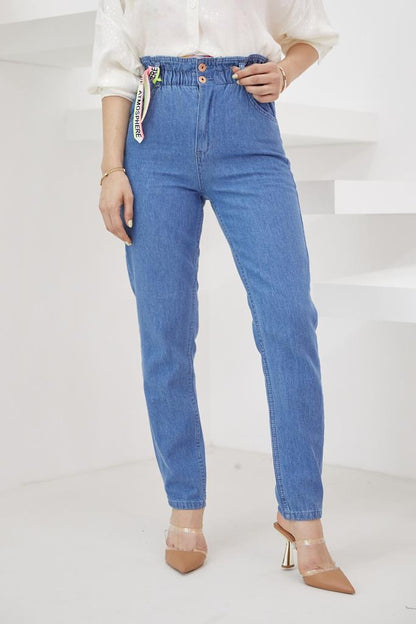 Beli Lastikli Mom Jeans S292 Koyu Mavi