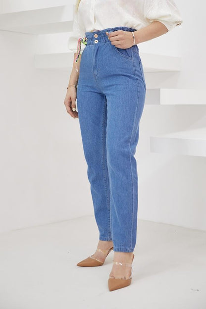 Beli Lastikli Mom Jeans S292 Koyu Mavi