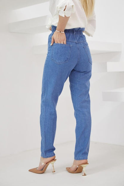 Beli Lastikli Mom Jeans S292 Koyu Mavi