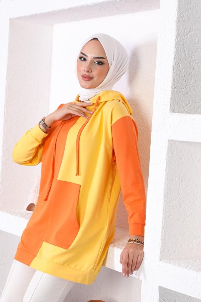 Çift Renkli Kapüşonlu Sweat Oranj
