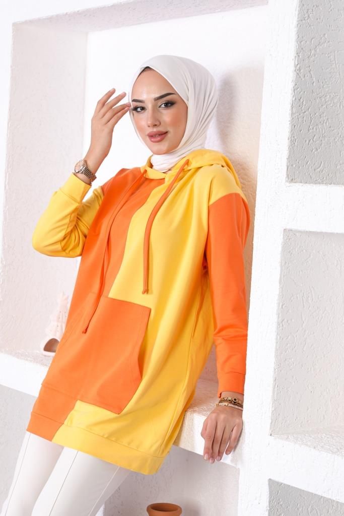 Çift Renkli Kapüşonlu Sweat Oranj